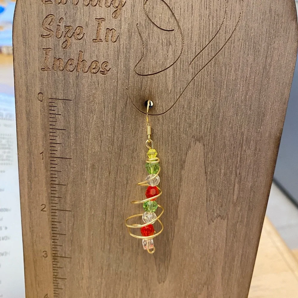 Wire Wrap Christmas Tree Earrings with Red, Green, and Yellow Beads